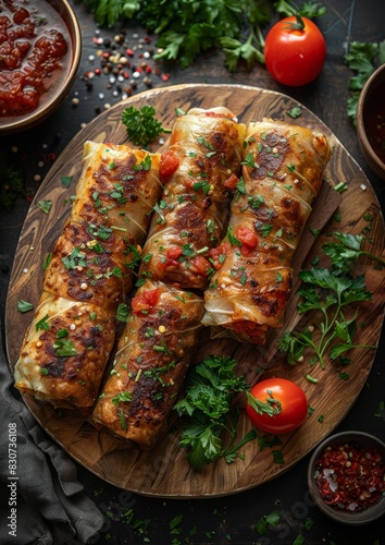 Kohlrouladen - Cabbage rolls stuffed with ground meat and rice, served with tomato sauce. photo