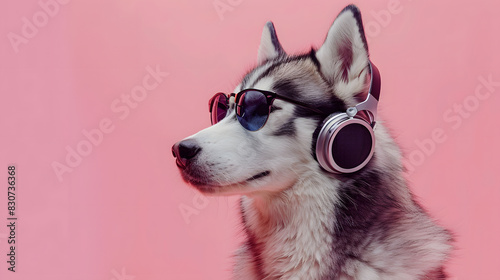 Siberian husky dog wearing sunglasses and headphone on pastel background. creative concept