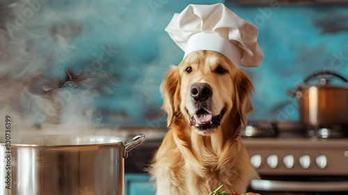 Golden retreiver dog wearing chef hat, cooking in the kitchen represent creativity photo