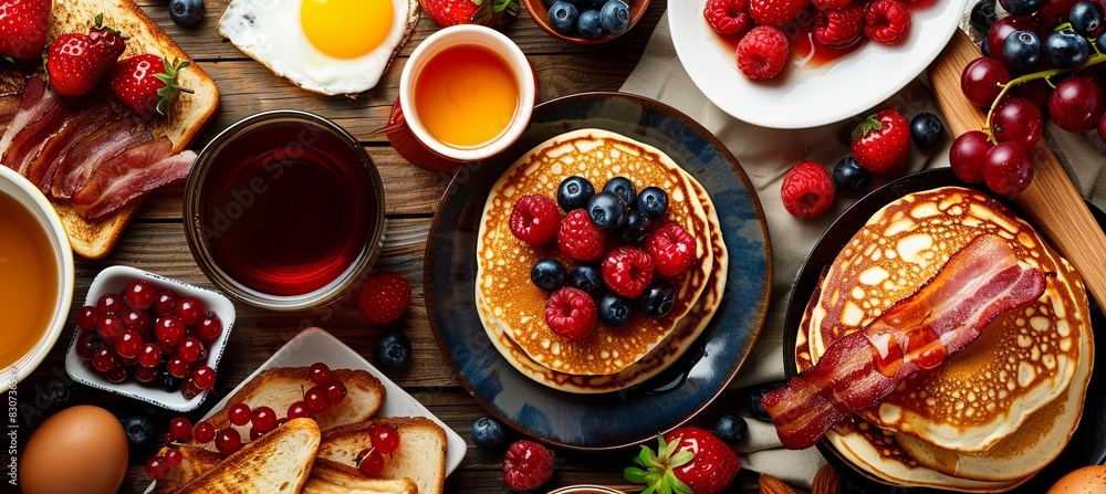 Breakfast Spread: A top-down view of a background with a breakfast spread featuring pancakes, fresh berries, maple syrup, bacon