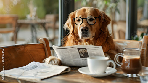 Golden retriever dog wearing glasses, reading a newspaper at the breakfast table. creative concept