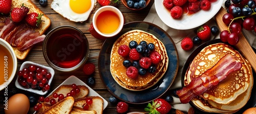 Breakfast Spread: A top-down view of a background with a breakfast spread featuring pancakes, fresh berries, maple syrup, bacon photo