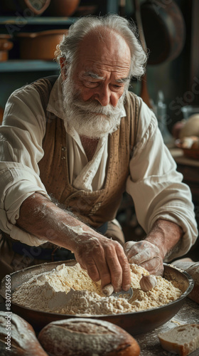 Elderly Baker Preparing Dough in Rustic Kitchen