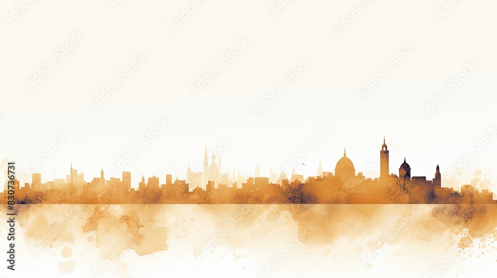 Watercolor panorama of a city in pastel color, white background. Silhouette of buildings watercolor