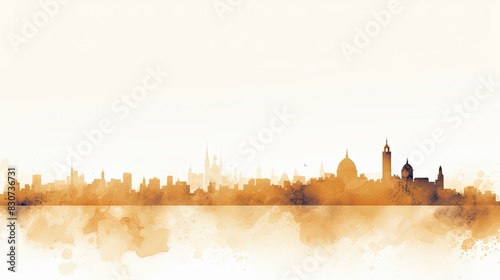 Watercolor panorama of a city in pastel color, white background. Silhouette of buildings watercolor