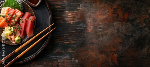 Chopsticks with Sashimi: A copy space image featuring chopsticks placed on a wooden table alongside a platter of fresh sashimi