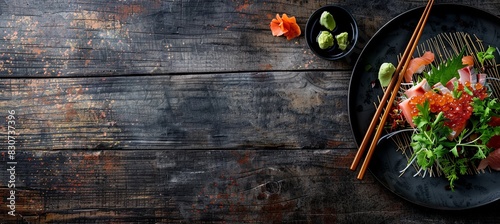 Chopsticks with Sashimi: A copy space image featuring chopsticks placed on a wooden table alongside a platter of fresh sashimi photo
