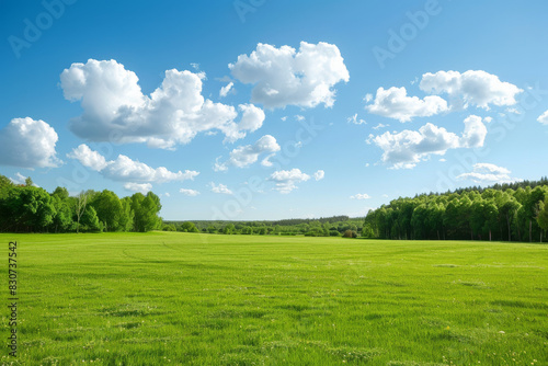Serene Spring Landscape with Lush Green Field and Fluffy White Clouds