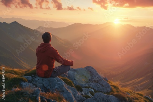 Spiritual Awakening  Man Meditating at Sunset Mountains for Harmonious Outdoor Vacations