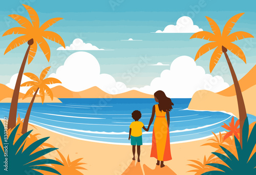 a woman and a child standing on a beach