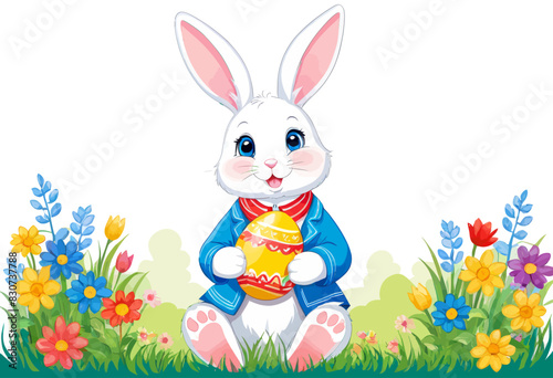 a white rabbit holding an easter egg in a field of flowers