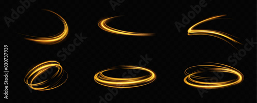 Golden glowing swirl. The effect of moving at the speed of light. Easy trail. Shiny wavy path. Vector.Neon light.