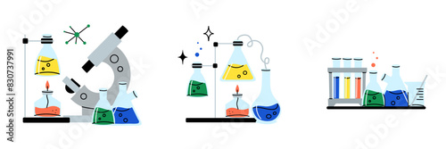 Laboratory equipment. Lab glassware. Chemical reagents in glass bottles and rest tubes and flasks. Medical scientific research tools. Doodle drawing. Vector cartoon flat style isolated illustration