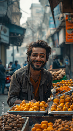 Smiling Fruit Vendor at Bustling Street Market
