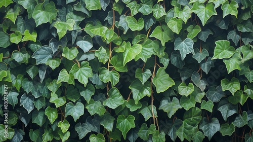 Detailed view of the tiny, compact leaves of an English ivy climbing a wall, illustrating persistence and the ability to thrive in urban environments. photo