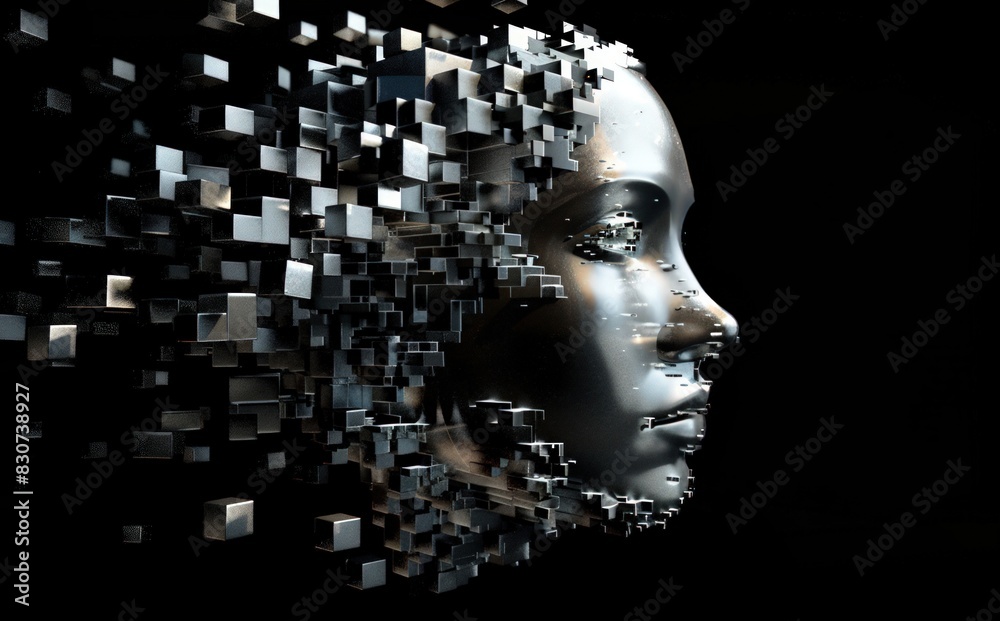 3D pixelated particles of a digital head made from black and white squares.