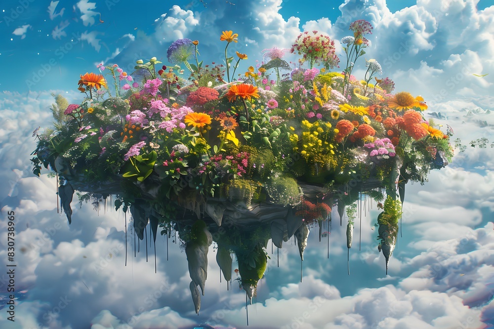 A mystical floating island covered in a variety of rare and vibrant flowers A mystical floating island covered in a variety of rare and vibrant flowers