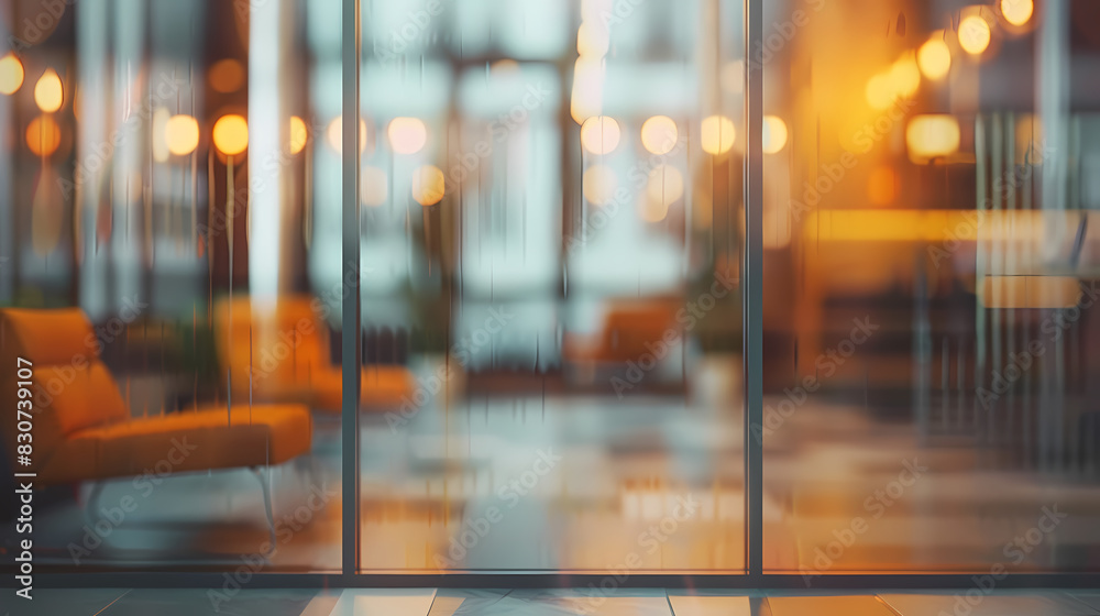 Beautiful blurred background of a modern office interior in gray tones with panoramic windows, glass partitions and orange color accents.