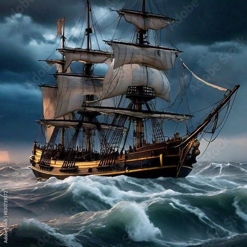 A sailing ship from the 17th century navigating a stormy ocean during the evening. photo