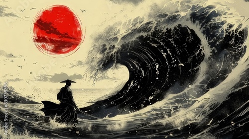 Japanese warrior attire wields a sword, facing off against the ocean. A towering wave and a red circle representing the rising sun complete the scene, making it suitable for diverse design purposes
 photo