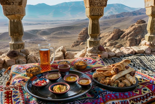 Enjoy a Middle Eastern Mezze Platter with Tea: Savor a Middle Eastern mezze platter with assorted dips, bread, and tea on a low table photo