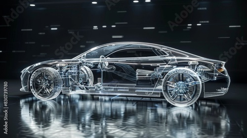 Side view illustration of a transparent car body design, highlighting the intricate internal structure and technology, 3D render © Wimon
