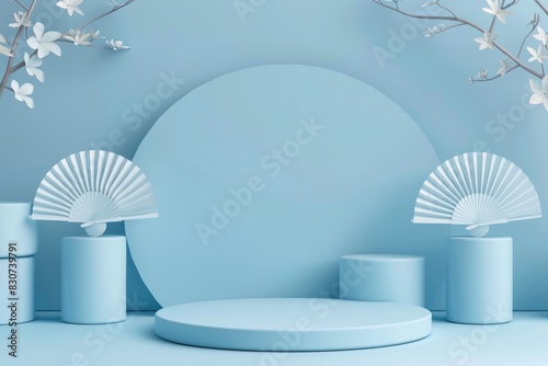 A blue background with two white fans and a round blue base photo