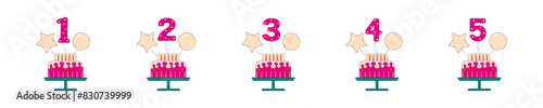 A collection of birthday cakes. Vector illustration. Numbers from 1 to 5