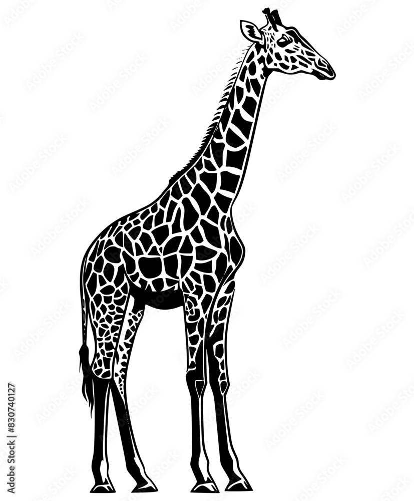Obraz premium Silhouette of a Standing Giraffe, Black and white silhouette of a giraffe standing tall, showcasing its distinctive patterned coat and long neck.