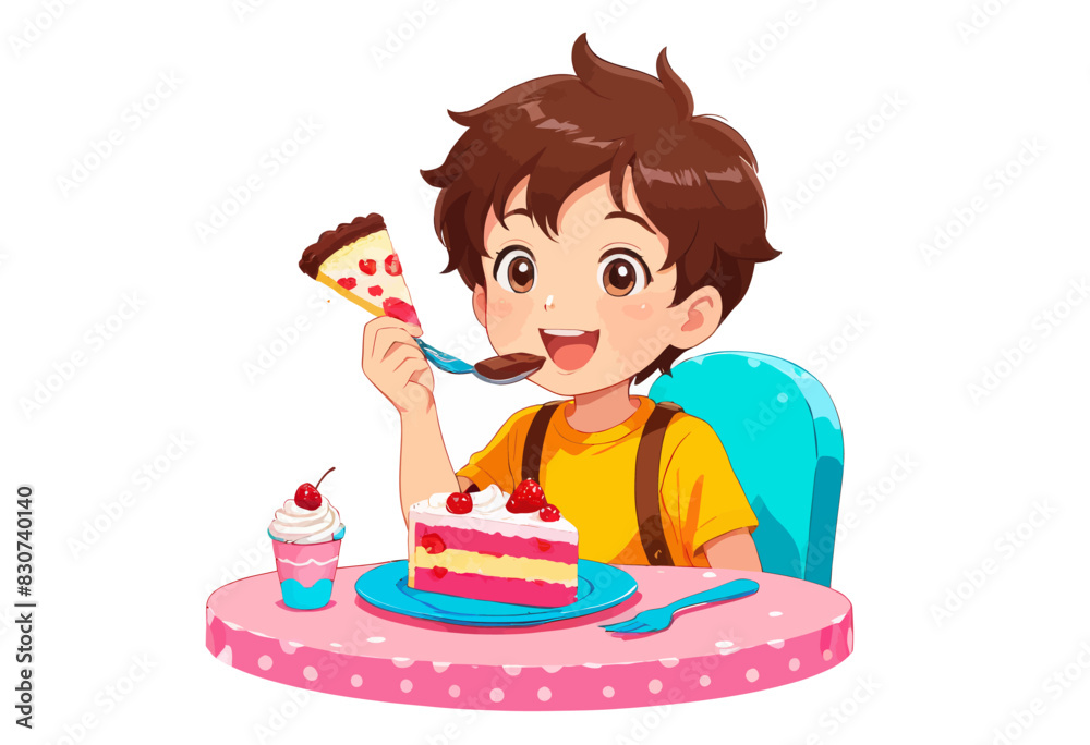 a boy eating a slice of cake with a fork a boy eating a slice of cake with a fork