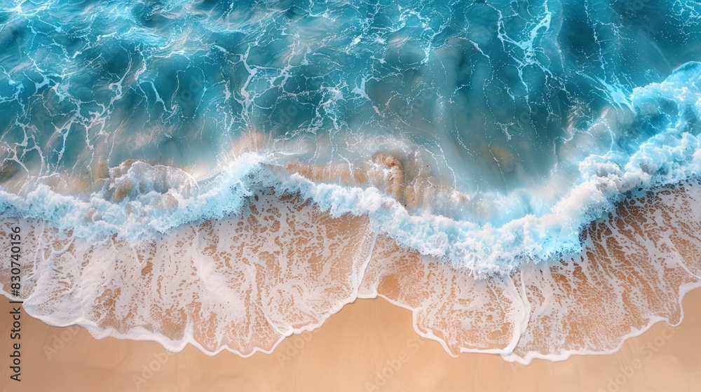 Overhead shot of sandy beach and turquoise sea waves creating a serene and vibrant coastal scene. Generative Ai Overhead shot of sandy beach and turquoise sea waves creating a serene and vibrant coastal scene. Generative Ai