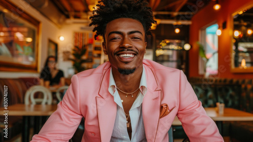 Smiling Young Black Man in Pink Blazer at a Trendy Cafe photo