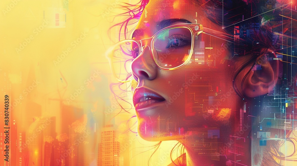 Striking digital artwork of woman in glasses. Futuristic cityscape backdrop. Abstract city digital wallpaper scene art. Modern and dynamic composition concept background image horizontal Striking digital artwork of woman in glasses. Futuristic cityscape backdrop. Abstract city digital wallpaper scene art. Modern and dynamic composition concept background image horizontal