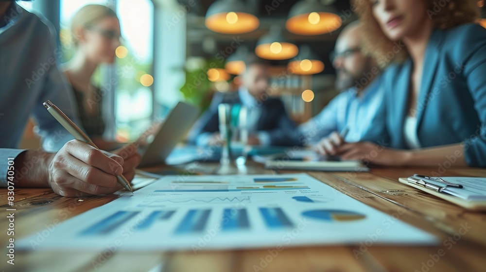 Business meeting in progress closeup image. Focusing on hand writing on financial charts close up photography. Colleagues discussing work. Data visualization concept photo realistic