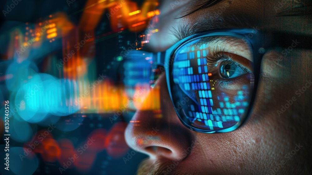 Man eye wearing glasses, reflecting vibrant financial charts closeup image. Analytical atmosphere. Eyeglasses close up photography marketing. Data visualization concept photo realistic Man eye wearing glasses, reflecting vibrant financial charts closeup image. Analytical atmosphere. Eyeglasses close up photography marketing. Data visualization concept photo realistic