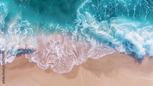 Overhead shot of sandy beach and turquoise sea waves creating a serene and vibrant coastal scene. Generative Ai