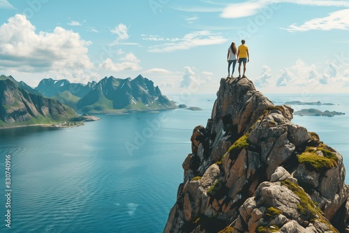 Lifestyle Couple Summer Travel Norway Cliff Edge Lofoten View