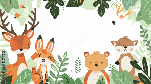 Woodland animals with green leaf frame template vector