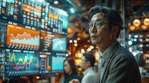 Glasses korean man examines multiple screens with financial charts image. Modern, high-tech workspace photography scene wallpaper. Data visualization concept photorealistic photo