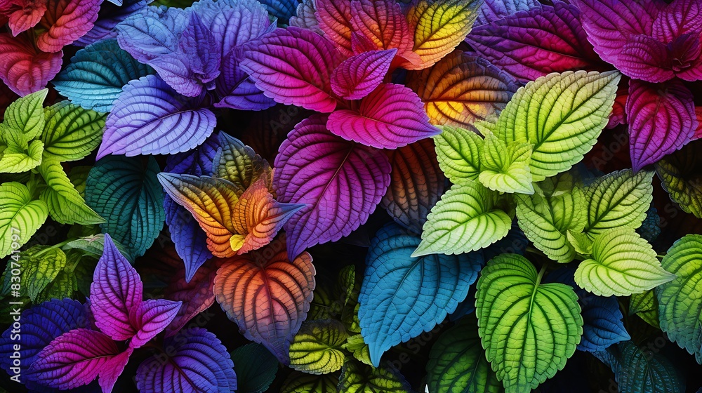 High-resolution image of the colorful, patterned leaves of a coleus plant, under daylight, celebrating naturea??s vivid palette.
