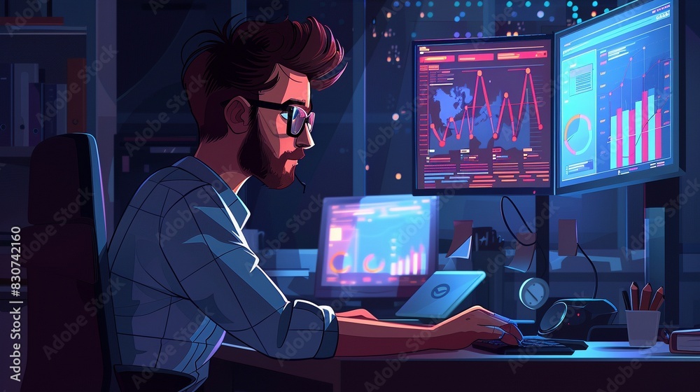 Fototapeta premium Hipster man works late at night on multiple monitors image. Bearded glasses office guy. Technology-driven work environment photography scene wallpaper. Data visualization concept photo
