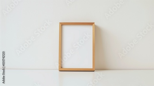 A simple, elegant wooden picture frame sits on a white desk against a plain white wall, illuminated by bright natural daylight.