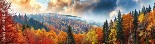 Vibrant Autumn Forest Landscape Under Cloudy Sky