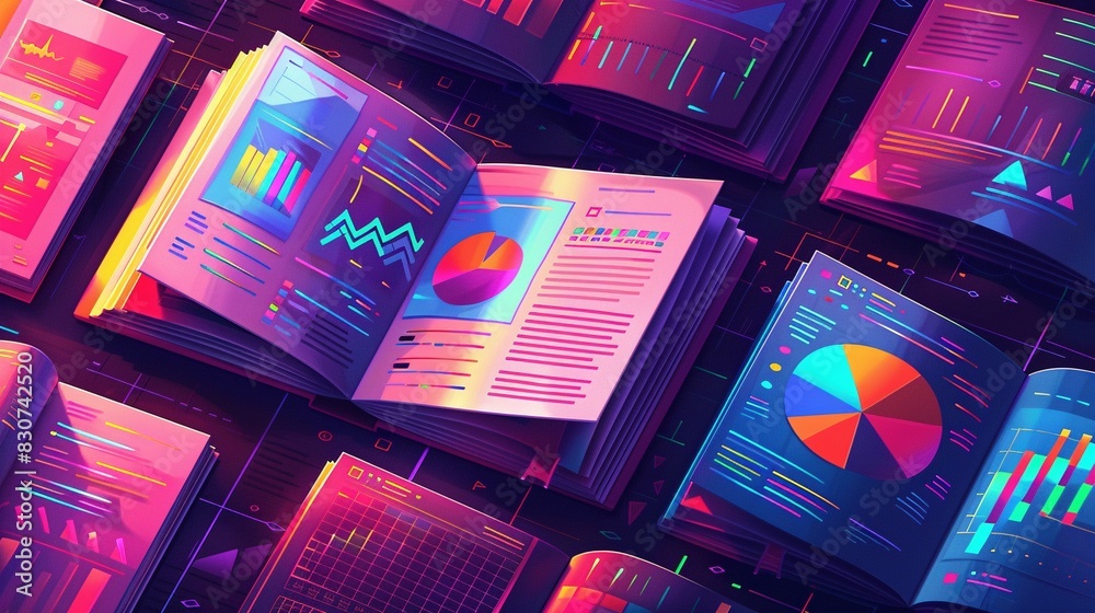 Open neon books displaying colorful charts and graphs 2D illustration ...