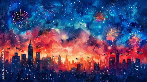 Patriotic Fireworks Spectacle: Flag Day Celebration in Watercolor Cityscape with American Flags at Night © PUKPIK