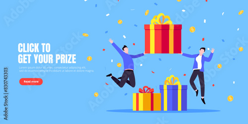 Get online incentive gift benefit reward and gifts, earn loyalty program points. Get loyalty card and customer service business concept flat design vector illustration. Tiny people with big gift boxes