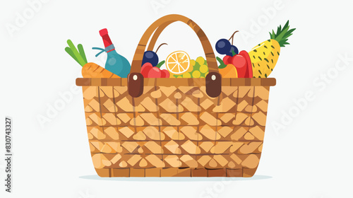Woven bag with food. Picnic basket cartoon icon Carto