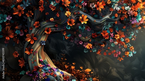A breathtaking 3D illustration of a tree adorned with colorful flowers and leaves  forming an intricate abstract pattern  perfect for a stunning interior mural painting  captured in full detail.