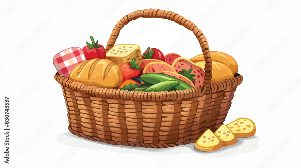 Woven basket with food. Picnic wicker cartoon icon Ca