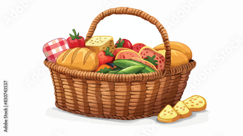 Woven basket with food. Picnic wicker cartoon icon Ca